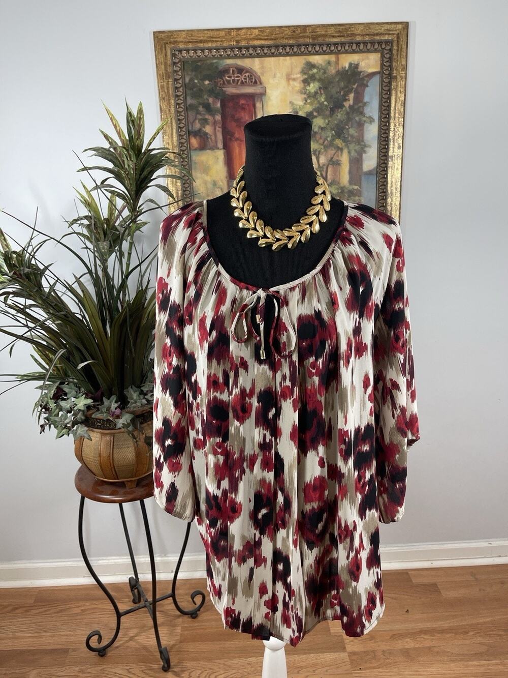 Alfani Women’s Size 12 Red Animal Print Peasant Blouse Tie Neck Flowy Top